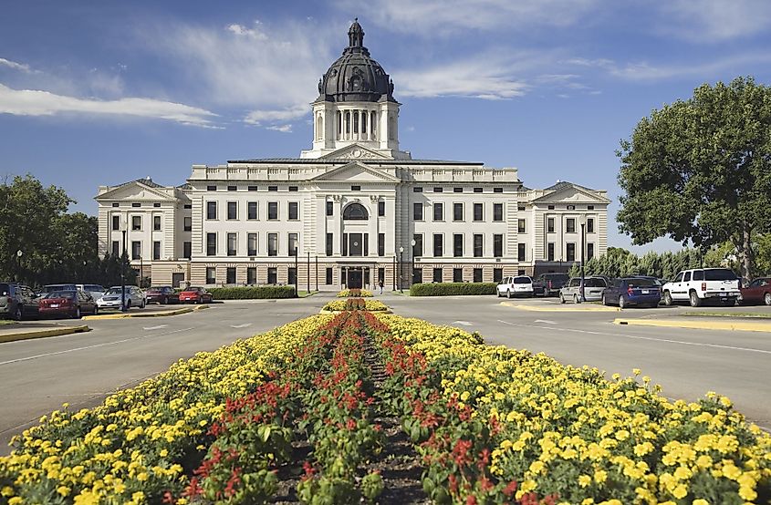 Summer flowerbed leading to South Dakota State Capitol and complex in Pierre, South Dakota.