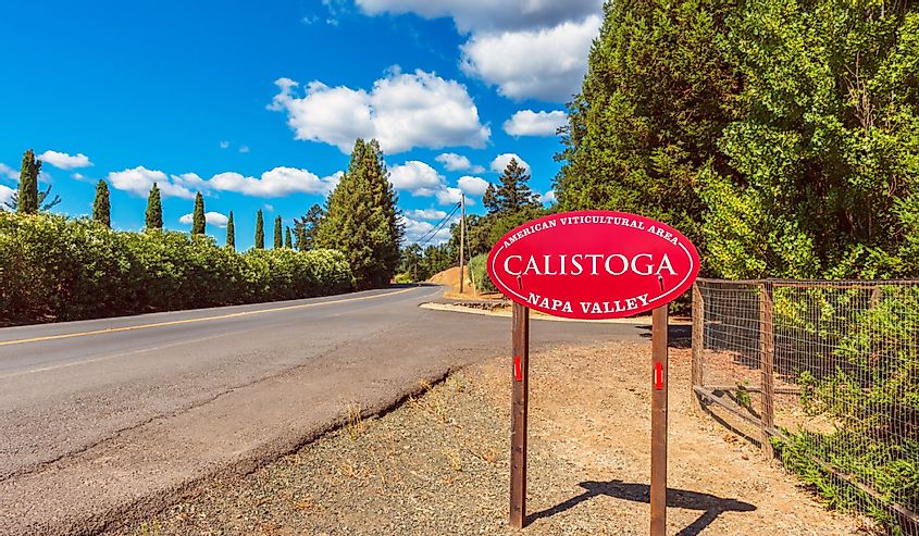 Entrance Sign to Calistoga in Napa Valley, California with vineyards in the background