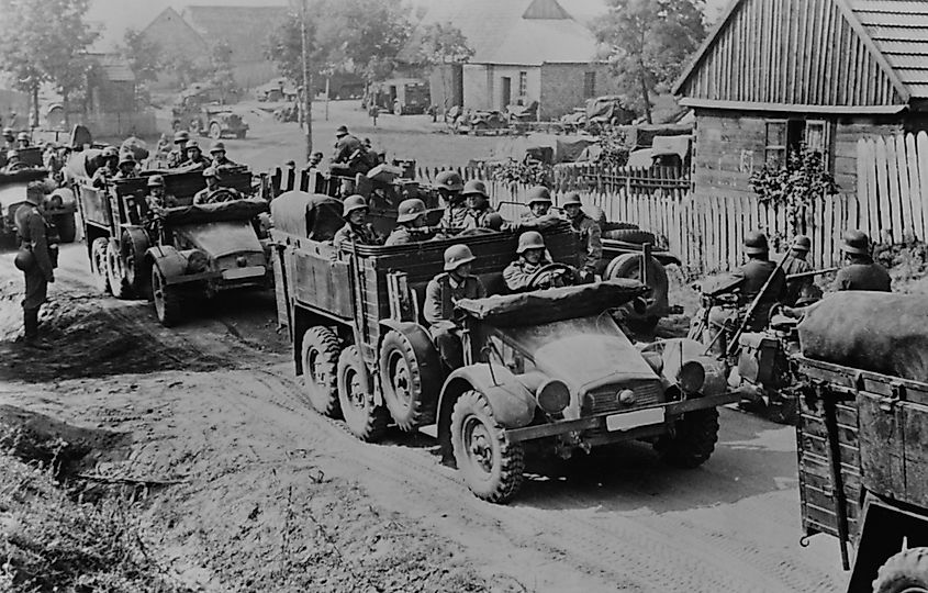 German soldiers invade Poland in armored and motorized divisions in Sept. 1939. It was the beginning of World War 2. in Europe.