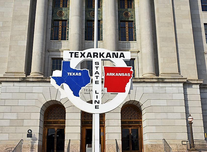 The Texas-Arkansas state line in Texarkana, Arkansas.