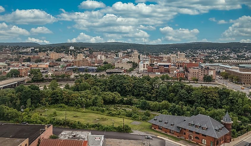 Aerial sunset view of Scranton Pennsylvania Steamtown or electric city with cloudy blue sky
