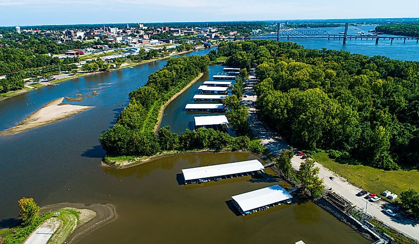Mississippi River aerial views of Quincy, Illinois.