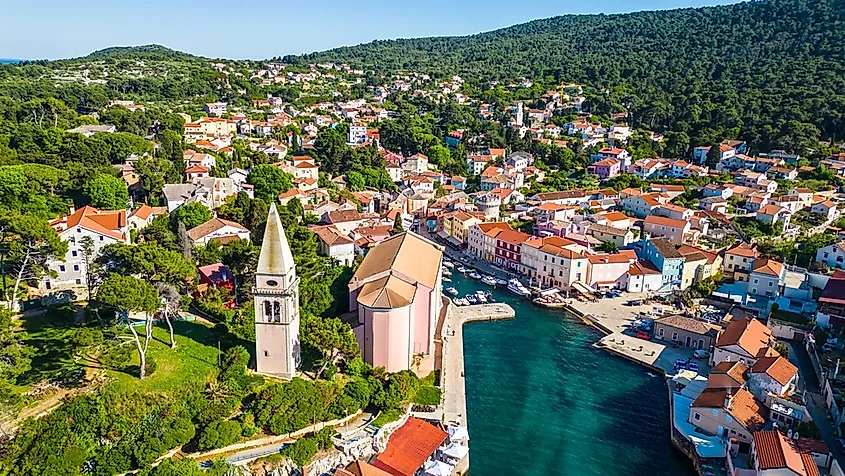 Aerial view of Veli Lošinj (Losinj), charming historic town on the island of Mali Lošinj, Croatia.