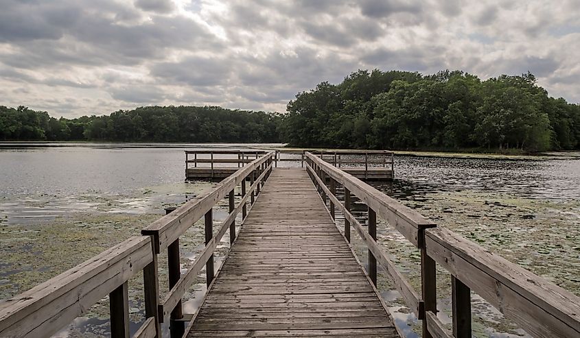 Dock and Landscape on Mitchell Lake in Suburban Eden Prairie, Minnesota on a Beautiful Summer Day.