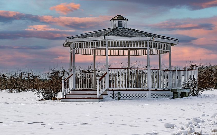 The gazebo in the apple orchard of Sholan Farms in Leominster, Massachusetts.