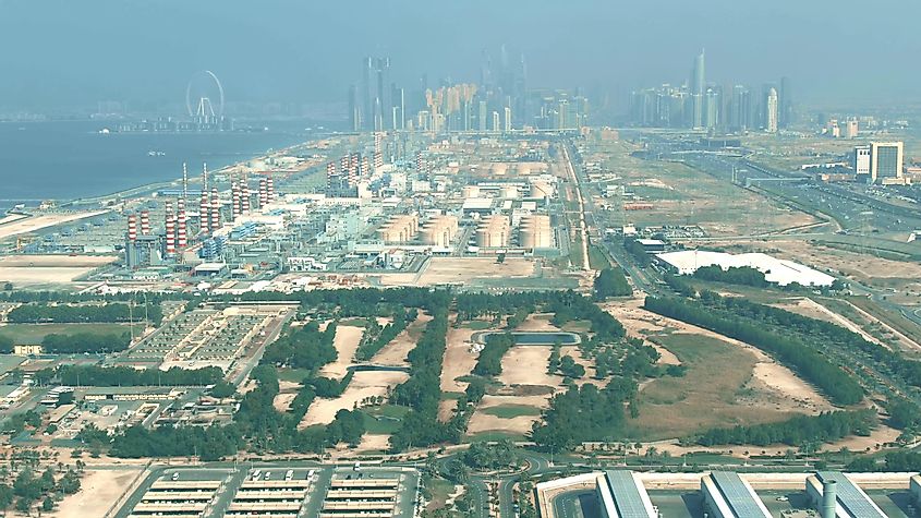 Aerial view of a modern power plant and water desalination complex in Dubai, UAE