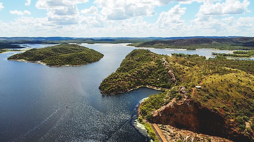 Aerial view of Lake Moondarra, Moondarra Reservoir, near Mount Isa, Queensland.