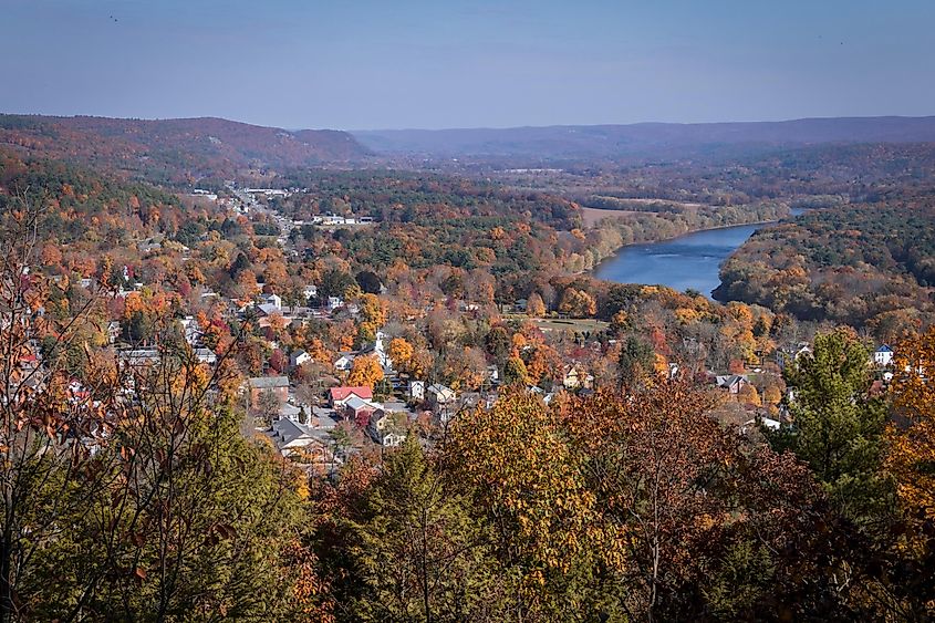 Milford, Pennsylvania, and the Delaware River from scenic overlook on a sunny fall day.
