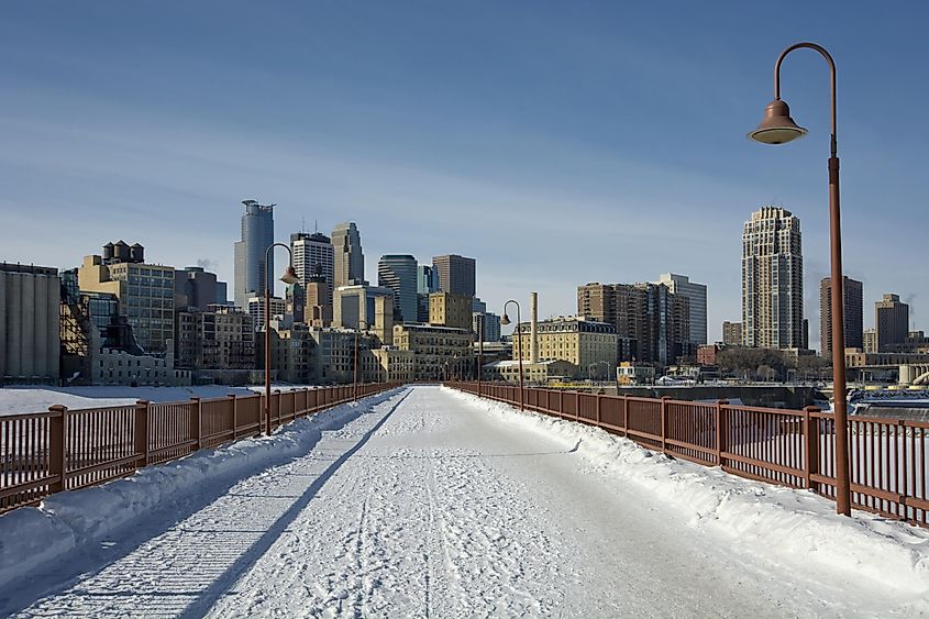 The Stone Arch Bridge over the Mississippi River in Minneapolis, Minnesota, under snow
