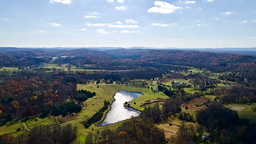 aerial shot taken over beautiful fields in Millbrook, New York. 