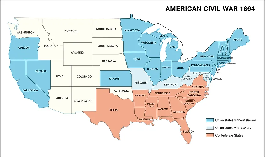 A map showing the free states and slave states in America.