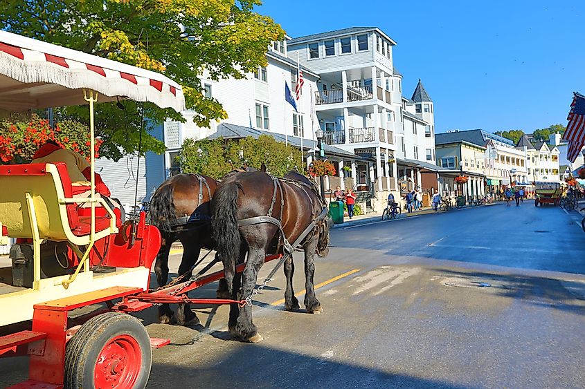Horse drawn carriages and bikes are the popular modes of transportation in Mackinac Island, Michigan