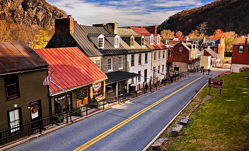 Historic buildings on the main street in Harpers Ferry, West Virginia