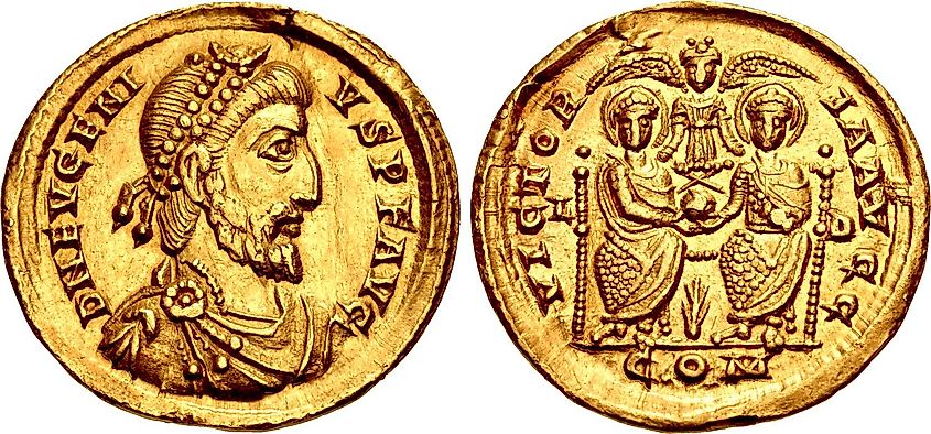 Rare solidus of Eugenius. Credit: Classical Numismatic Group, Inc. https://www.cngcoins.com, CC BY-SA 2.5 <https://creativecommons.org/licenses/by-sa/2.5>, via Wikimedia Commons