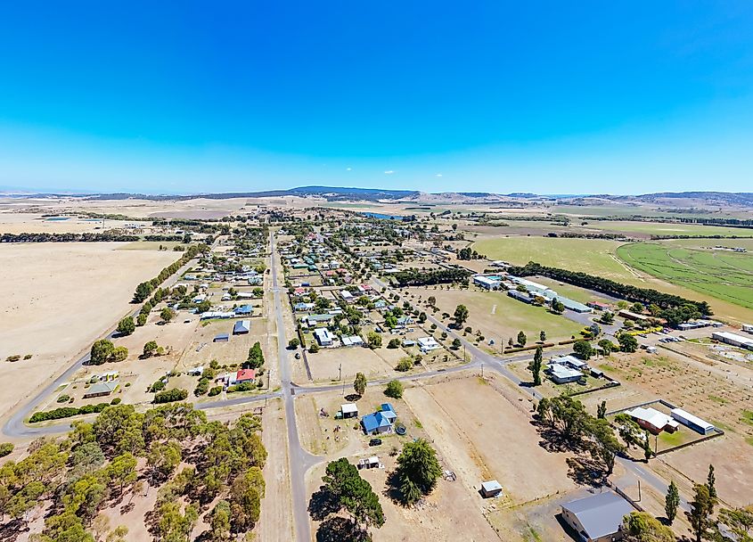 Aerial view of the rural historic town of Bothwell on a warm summer's day in Tasmania, Australia.