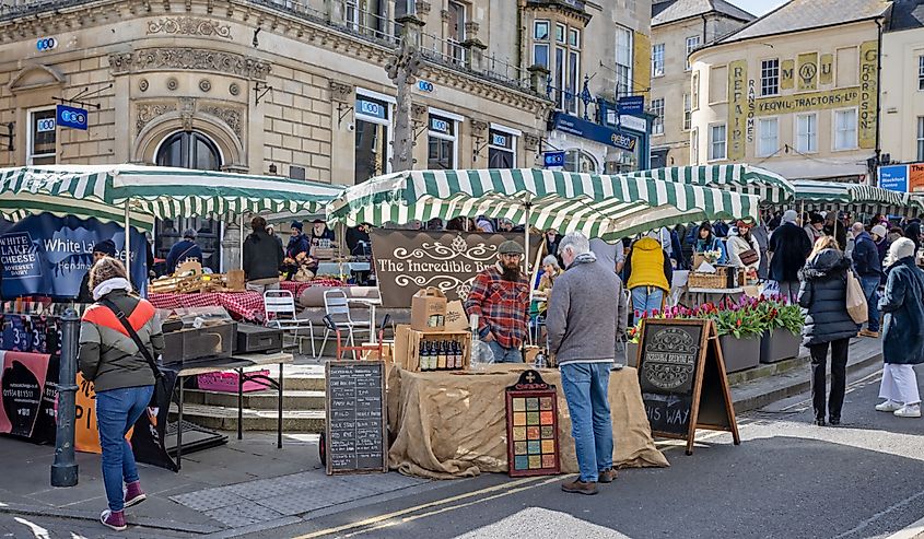 Brewery stall at Frome Sunday Market on a sunny day in Frome, Somerset