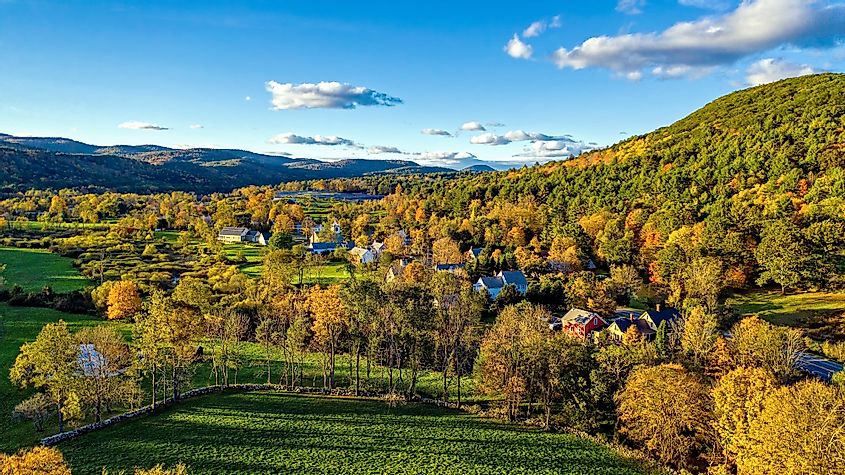 Aerial view of fall colors in Chester, Vermont