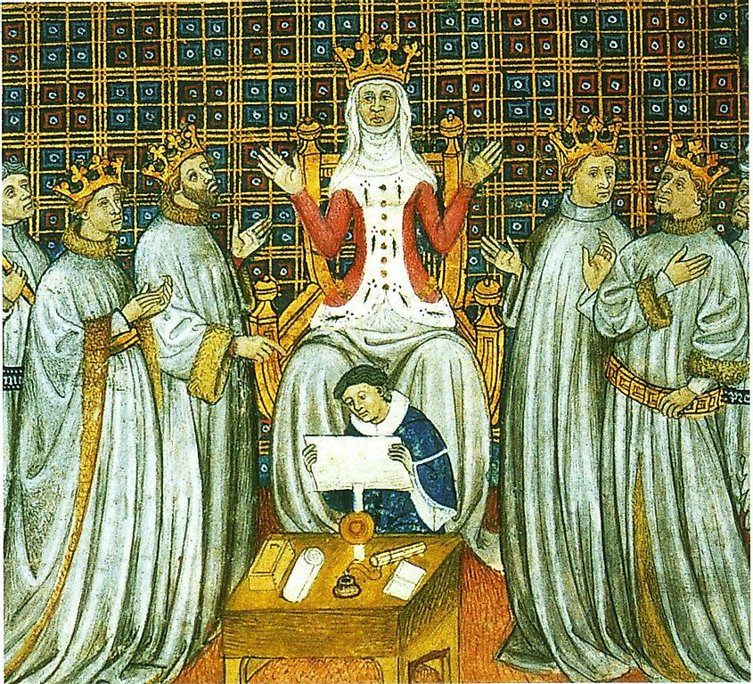 The partition of the Frankish Kingdom among the four sons of Clovis with Clotilde presiding. 
