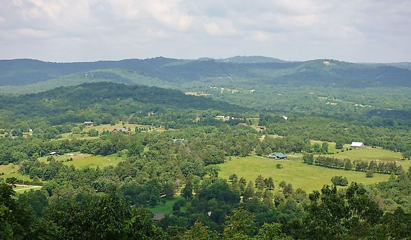 Landscape view of the Arkansas countryside in the Ozarks seen from Inspiration Point in Eureka Springs