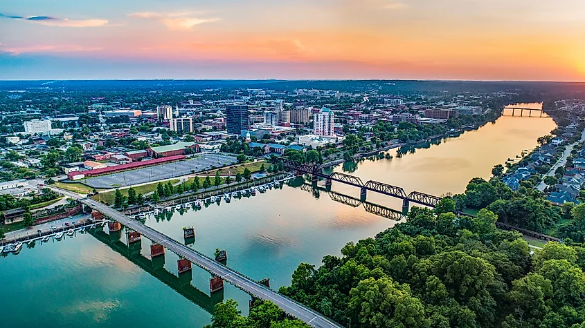 Aerial view of the Savannah River in Augusta, Georgia.