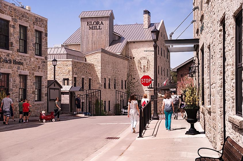 Elora, Ontario, Canada: The carefully renovated historic Elora Mill building of 1832, which houses the Elora Mill Hotel and Spa, seen from Mill Street in the Elora community of Centre Wellington township.