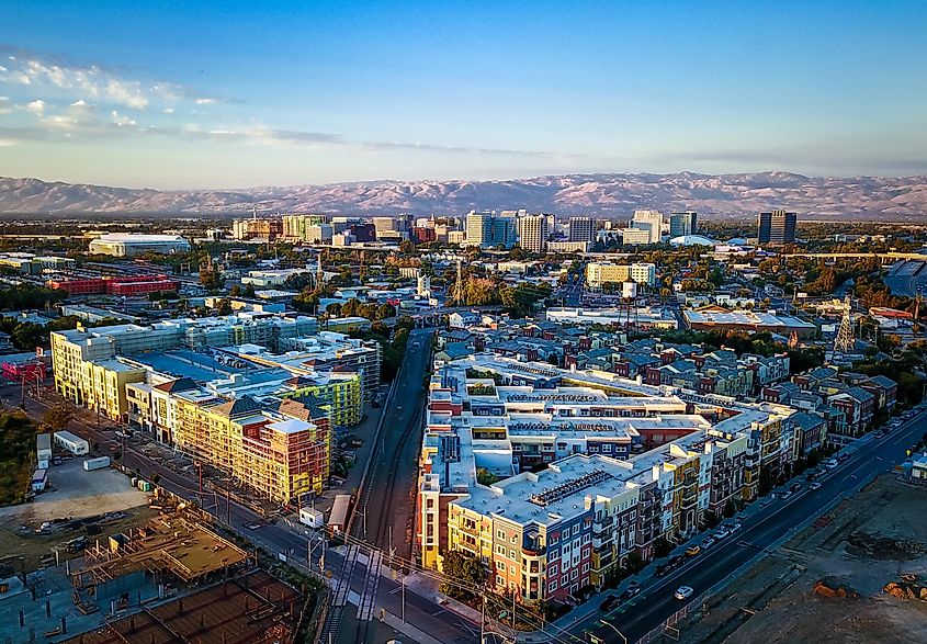 Drone photo of sunset over downtown San Jose in California.