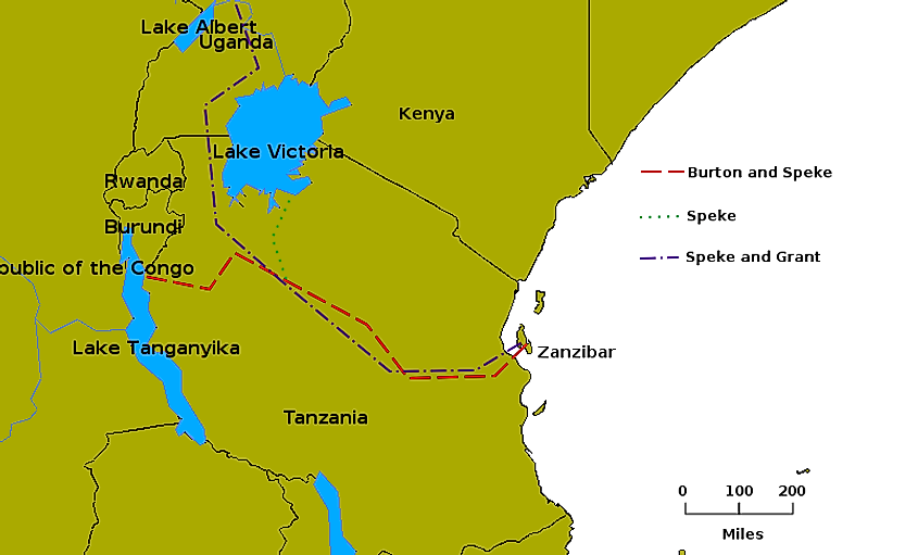 Routes taken by expeditions of Burton and Speke and Grant and Speke. Burton and Speke explored from the east coast as far as Tanganyika and then returned. Speke took a side journey to Lake Victoria on the return journey. Speke and Grant journeyed from the east coast and via Lake Victoria returned up the river Nile, via Wikipedia