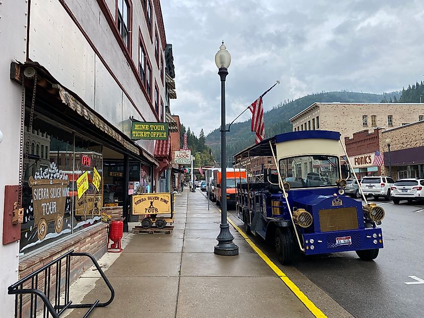 A trolley waits outside the office of a mine tour agency in the old-timey town of Wallace, Idaho.