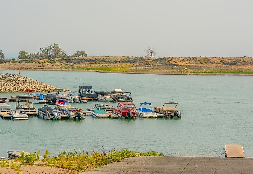 Boats docked at Fort Peck Lake.