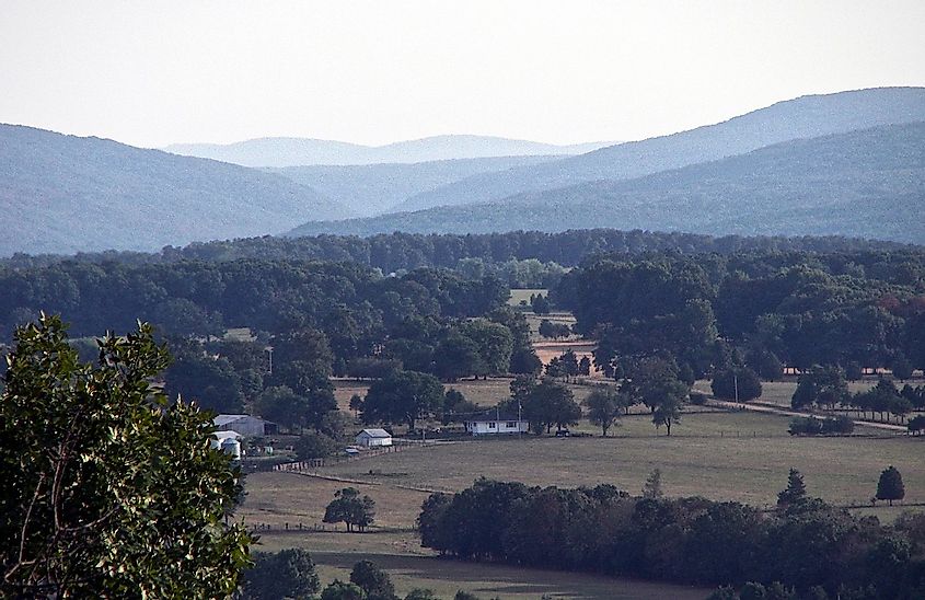The Saint Francois Mountains, viewed here from Knob Lick Mountain, are the exposed geologic core of the Ozarks.
