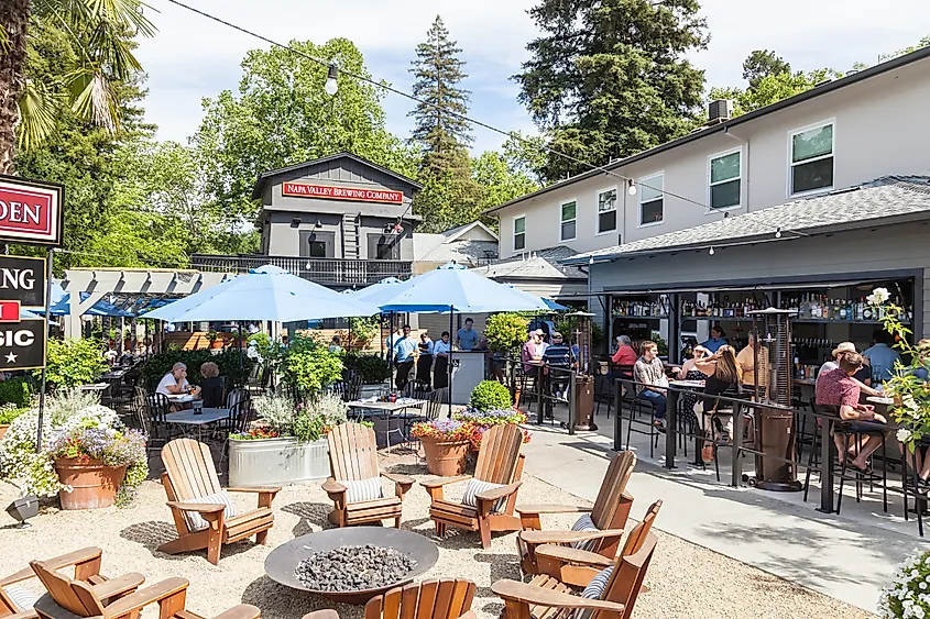 People enjoy food and drinks in a restaurant in Calistoga, California.