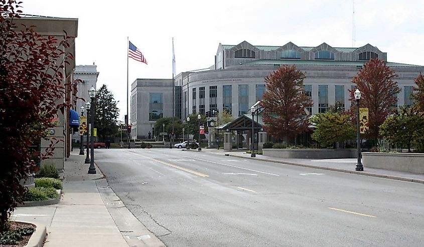 A picture of downtown Edwardsville, Illinois with the Madison County Administrative Building in the background.