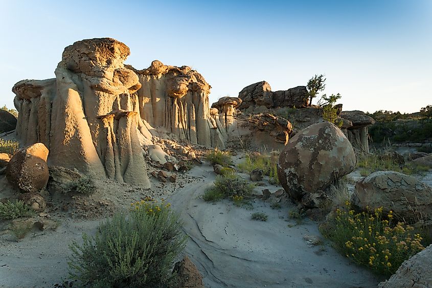Hoodoos at Makoshika State Park at sunset, Montana, North America.