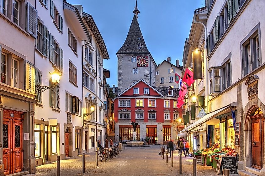 Street in Old Town Zürich, Switzerland at dusk