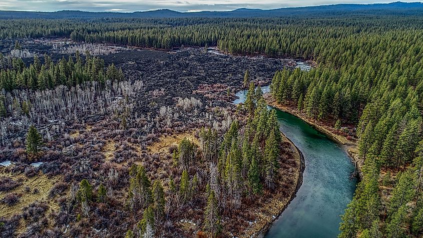 Aerial view of the Deschutes River winding past Bend, Oregon.