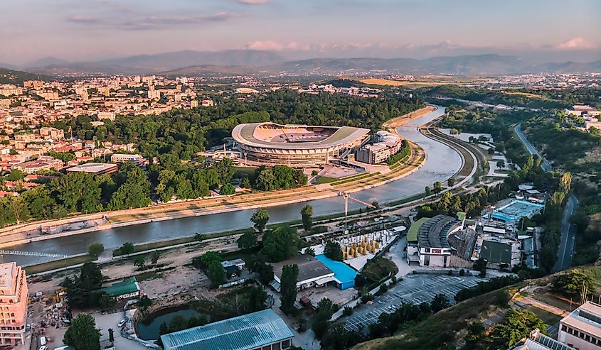 Drone view of the longest river Vardar in North Macedonia.