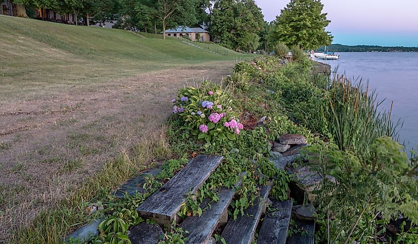 Wooden steps on the shore of Lake Cayuga in Aurora, New York.