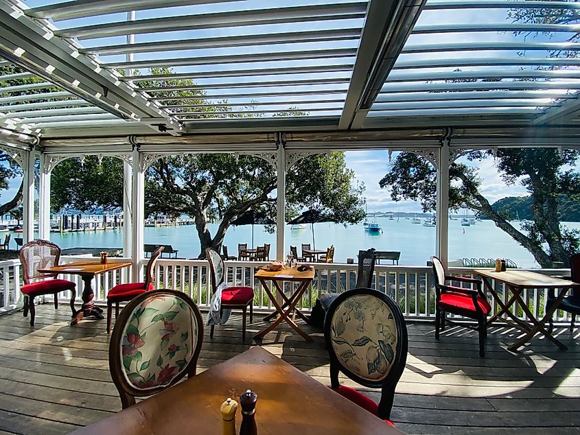 The beautiful dining area by the waterfront at Duke of Marlborough Hotel, Russell, New Zealand