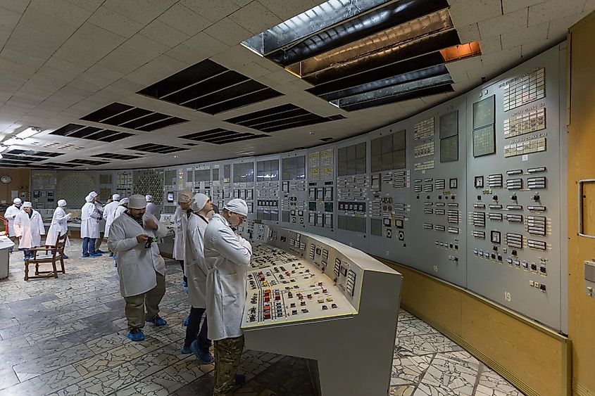 Visitors in the Control Room of Reactor Number 2, Chernobyl Nuclear Power Plant, Ukraine.