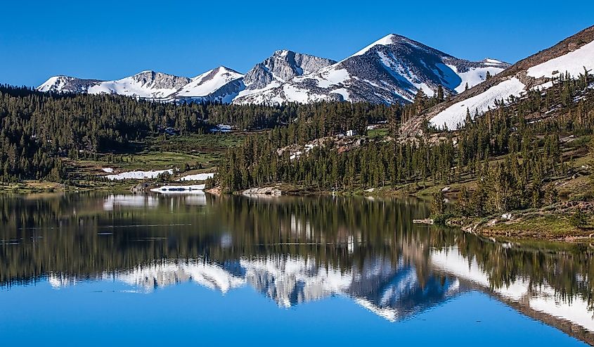 The Kuna Crest and Mammoth reflections in Tioga Lake in Yosemite National Park.