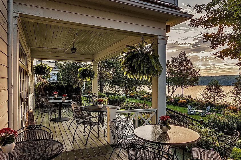 Balcony of a historic inn in North Hatley, Quebec.