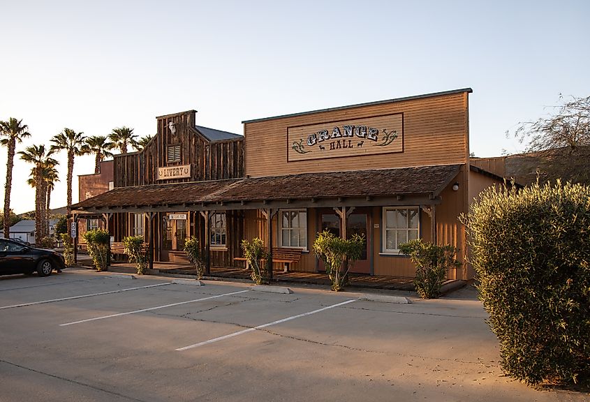 View of the Grange Hall and the Livery room at the Palm Canyon Hotel and RV Resort at Borrego Springs, California