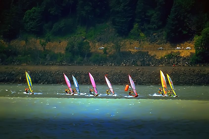 World-class sailboarding on the Columbia River Gorge at Hood River, Oregon.