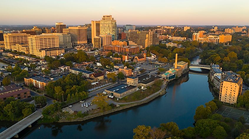 Saturated early morning light hits the buildings and architecture of downtown Wilmington, Delaware.