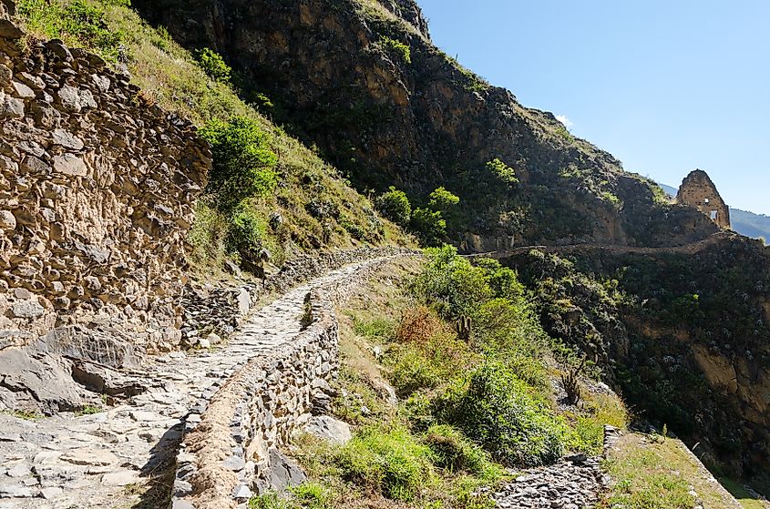 Ancient Inca road over the terraces, ruins of the ancient Inca city of Ollantaytambo.