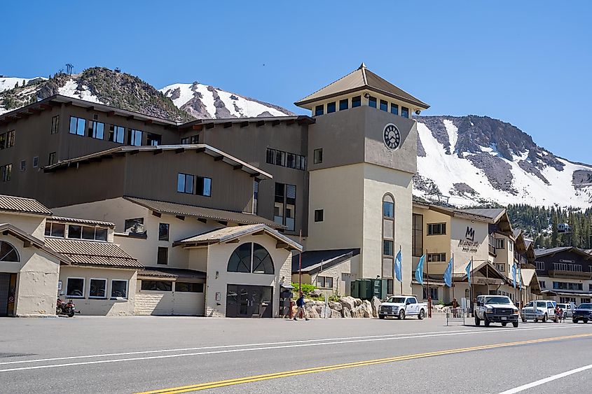Exterior view of the Main Lodge at Mammoth Mountain Ski Area in the Eastern Sierra Nevada in Mammoth Lakes, California