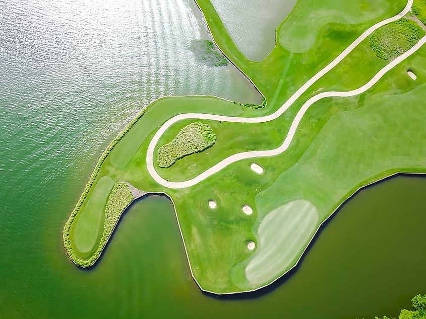 Aerial golf course at country club near Colorado River, Austin, Texas, USA.