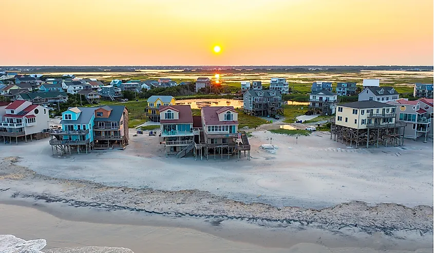 Beach homes along the shoreline in North Topsail Beach, North Carolina