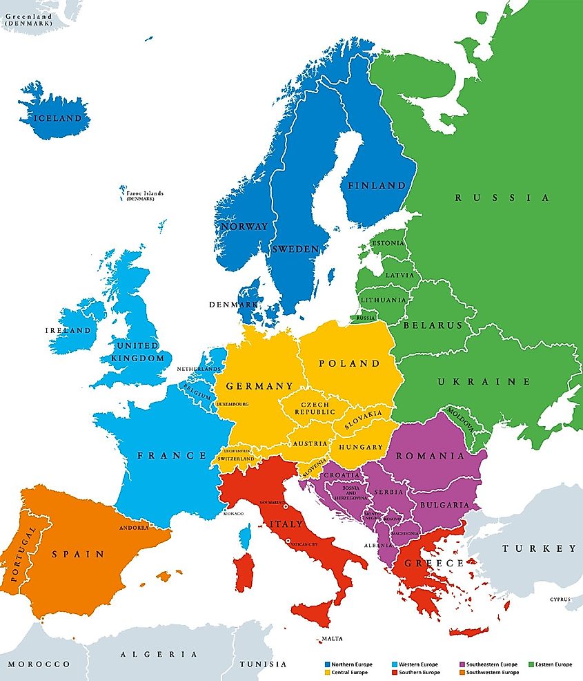 Northern, Western, Southeastern, Eastern, Central, Southern, Southwestern Europe in different colors.
