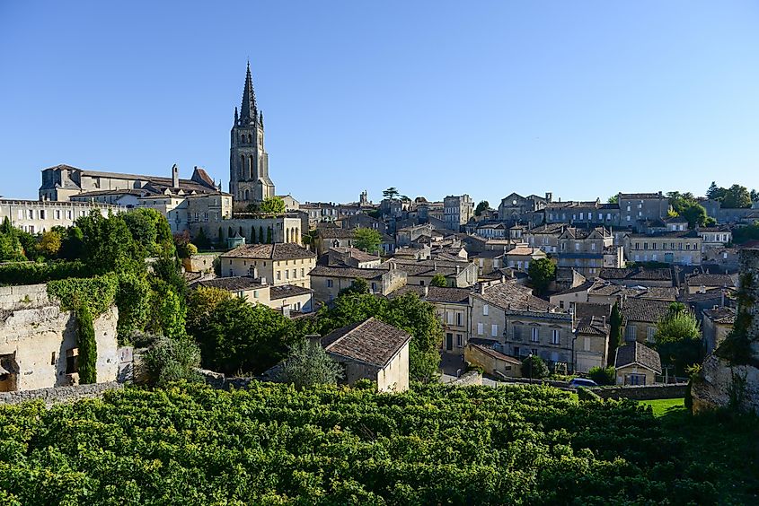 Vineyards and cityscape in Saint-Emilion, France.